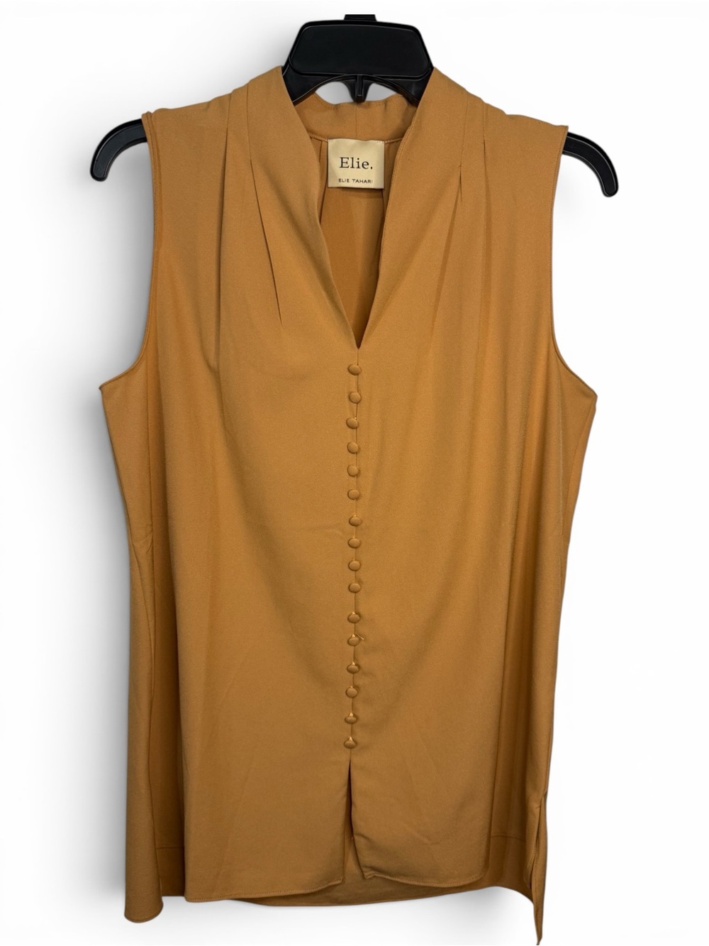 Elie Tahari Sleeveless Mustard V-Neck Covered Button Blouse